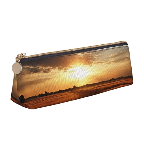 LHDGBNV Leder-Federmäppchen, stilvolles Federmäppchen, schlankes Federmäppchen mit Reißverschluss, Feld-Sonnenaufgang, Kosmetiktasche für Arbeit, Büro von LHDGBNV