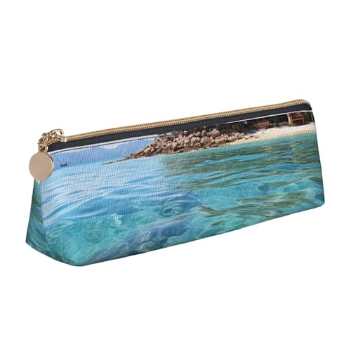 LHDGBNV Leder-Federmäppchen, stilvolles Federmäppchen, schlankes Federmäppchen mit Reißverschluss, Fidschi-Insel und klares Meer, Kosmetiktasche für Arbeit, Büro von LHDGBNV
