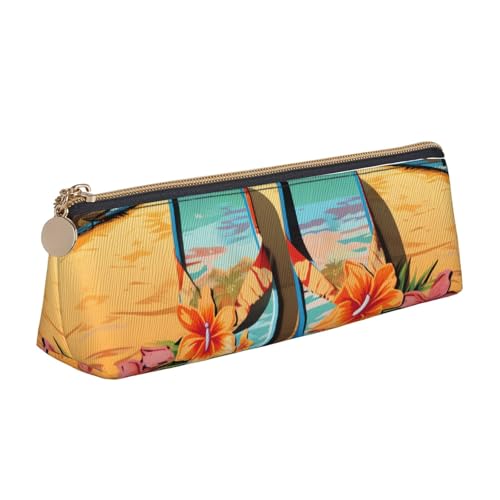 LHDGBNV Leder-Federmäppchen, stilvolles Federmäppchen, schlankes Federmäppchen mit Reißverschluss, Flip-Flops und tropischer Strand-Szene, Kosmetiktasche für Arbeit, Büro von LHDGBNV