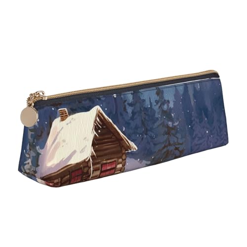 LHDGBNV Leder-Federmäppchen, stilvolles Federmäppchen, schlankes Federmäppchen mit Reißverschluss, Kabine im Wald, Kosmetiktasche für Arbeit, Büro von LHDGBNV