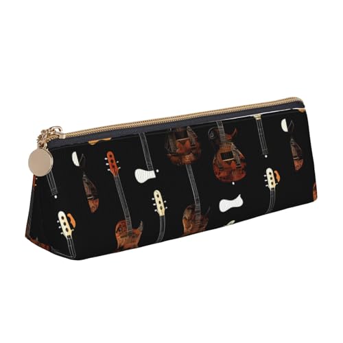 LHDGBNV Leder-Federmäppchen, stilvolles Federmäppchen, schlankes Federmäppchen mit Reißverschluss, Kunst-Gitarren-Muster, Kosmetiktasche, Make-up-Tasche für Arbeit, Büro von LHDGBNV