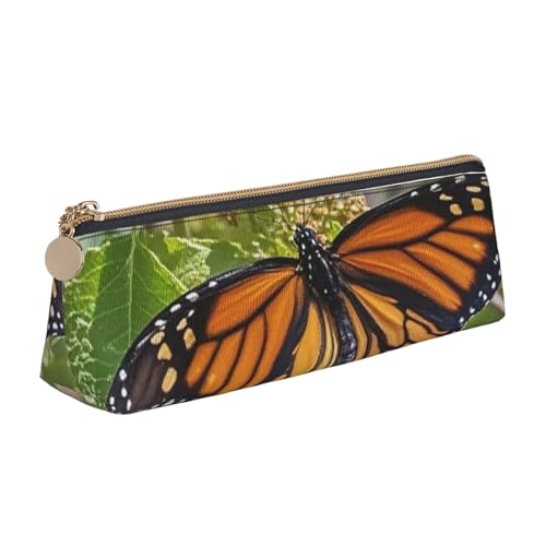 LHDGBNV Leder-Federmäppchen, stilvolles Federmäppchen, schlankes Federmäppchen mit Reißverschluss, Monarch-Schmetterlinge, Kosmetiktasche für Arbeit, Büro von LHDGBNV
