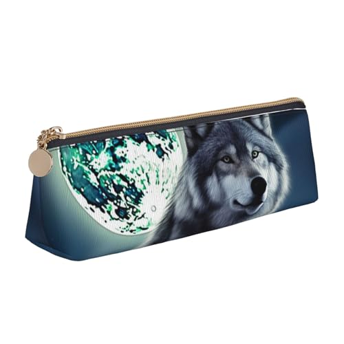 LHDGBNV Leder-Federmäppchen, stilvolles Federmäppchen, schlankes Federmäppchen mit Reißverschluss, Motiv: Wolf unter dem Mond, Kosmetiktasche für Arbeit, Büro von LHDGBNV