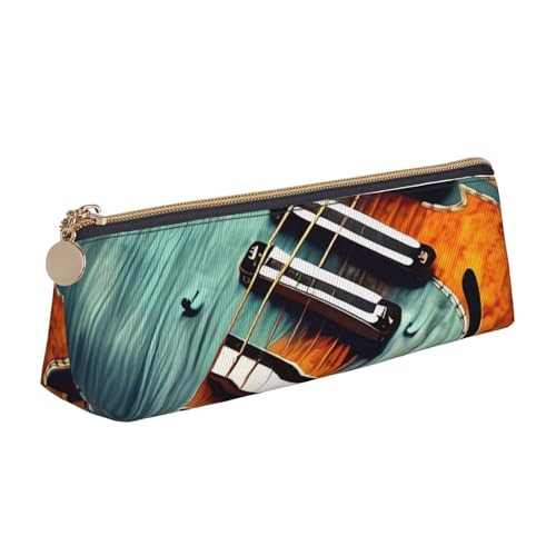 LHDGBNV Leder-Federmäppchen, stilvolles Federmäppchen, schlankes Federmäppchen mit Reißverschluss, Musik-Gitarren-Muster, Kosmetiktasche, Make-up-Tasche für Arbeit, Büro von LHDGBNV