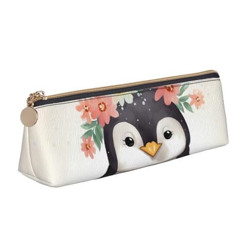 LHDGBNV Leder-Federmäppchen, stilvolles Federmäppchen, schlankes Federmäppchen mit Reißverschluss, Pinguin mit Blumen, Kosmetiktasche, Make-up-Tasche für Arbeit, Büro von LHDGBNV