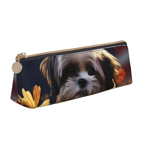 LHDGBNV Leder-Federmäppchen, stilvolles Federmäppchen, schlankes Federmäppchen mit Reißverschluss, Shih Tzu Hund und Blumen, Kosmetiktasche für Arbeit, Büro von LHDGBNV