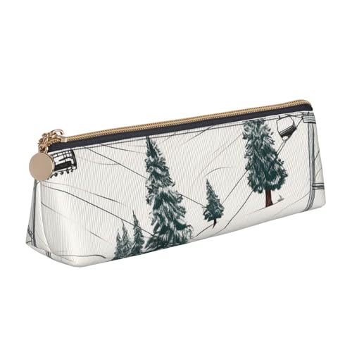 LHDGBNV Leder-Federmäppchen, stilvolles Federmäppchen, schlankes Federmäppchen mit Reißverschluss, Skilift mit Tannenbaum, Kosmetiktasche für Arbeit, Büro von LHDGBNV