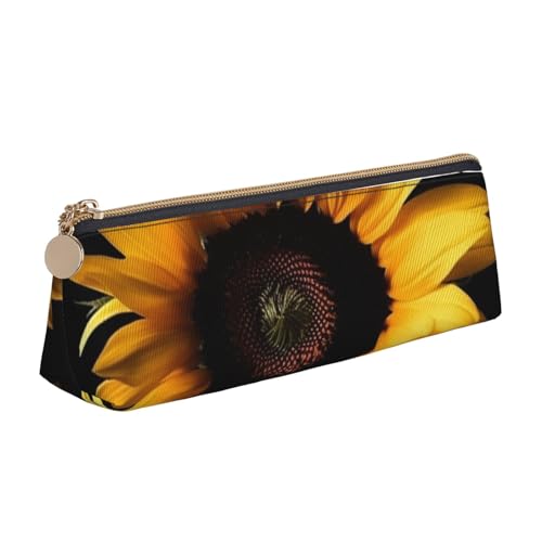 LHDGBNV Leder-Federmäppchen, stilvolles Federmäppchen, schlankes Federmäppchen mit Reißverschluss, Sonnenblume auf schwarzem Hintergrund, Kosmetiktasche für Arbeit, Büro von LHDGBNV