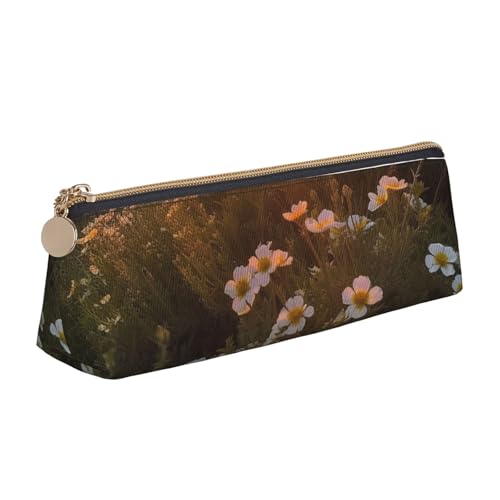LHDGBNV Leder-Federmäppchen, stilvolles Federmäppchen, schlankes Federmäppchen mit Reißverschluss, Sonnenuntergang und Blumen, Kosmetiktasche für Arbeit, Büro von LHDGBNV
