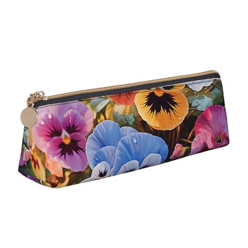 LHDGBNV Leder-Federmäppchen, stilvolles Federmäppchen, schlankes Federmäppchen mit Reißverschluss, Stiefmütterchen-Blumen, Kosmetiktasche, Make-up-Tasche für Arbeit, Büro von LHDGBNV