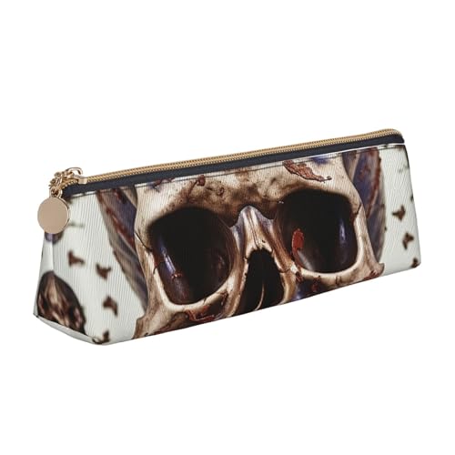 LHDGBNV Leder-Federmäppchen, stilvolles Federmäppchen, schlankes Federmäppchen mit Reißverschluss, Totenkopf auf weißem Hintergrund, Kosmetiktasche für Arbeit, Büro von LHDGBNV