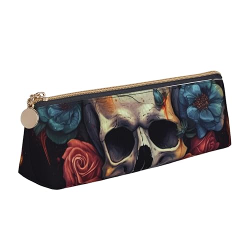 LHDGBNV Leder-Federmäppchen, stilvolles Federmäppchen, schlankes Federmäppchen mit Reißverschluss, Totenkopf umgeben von Blumen, Kosmetiktasche für Arbeit, Büro von LHDGBNV