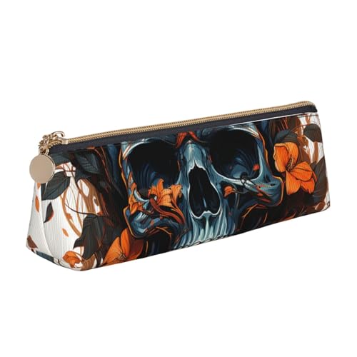 LHDGBNV Leder-Federmäppchen, stilvolles Federmäppchen, schlankes Federmäppchen mit Reißverschluss, Totenkopf und Blättern, Kosmetiktasche für Arbeit, Büro von LHDGBNV