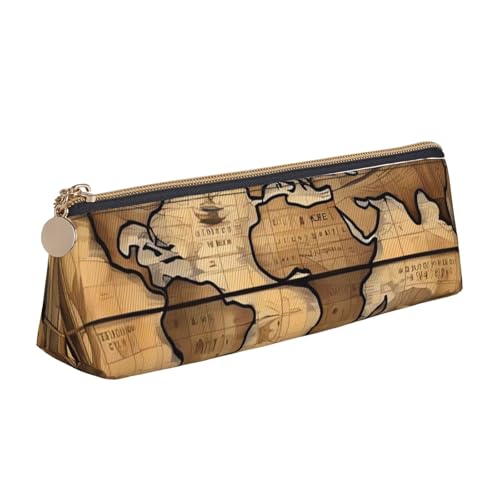 LHDGBNV Leder-Federmäppchen, stilvolles Federmäppchen, schlankes Federmäppchen mit Reißverschluss, Weltkarte, Kosmetiktasche, Make-up-Tasche für Arbeit und Büro von LHDGBNV