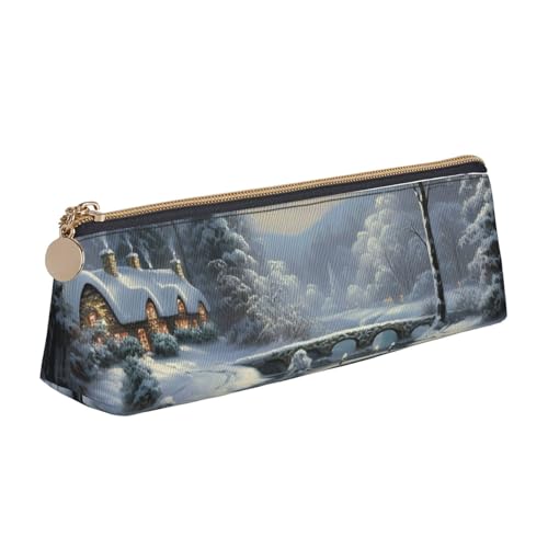 LHDGBNV Leder-Federmäppchen, stilvolles Federmäppchen, schlankes Federmäppchen mit Reißverschluss, Winter-Schneeszene, Kosmetiktasche, Make-up-Tasche für Arbeit, Büro von LHDGBNV