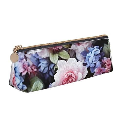 LHDGBNV Leder-Federmäppchen, stilvolles Federmäppchen, schlankes Federmäppchen mit Reißverschluss, blaue und rosa Blumen, Kosmetiktasche, Make-up-Tasche für Arbeit, Büro von LHDGBNV