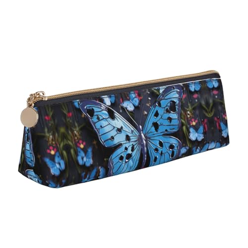 LHDGBNV Leder-Federmäppchen, stilvolles Federmäppchen, schlankes Federmäppchen mit Reißverschluss, blauer Schmetterling, Kosmetiktasche für Arbeit, Büro von LHDGBNV