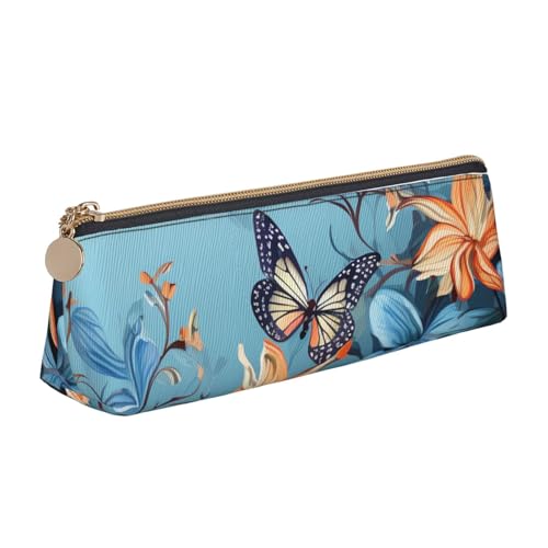 LHDGBNV Leder-Federmäppchen, stilvolles Federmäppchen, schlankes Federmäppchen mit Reißverschluss, blauer Schmetterling und Blumenmuster, Kosmetiktasche für Arbeit, Büro von LHDGBNV