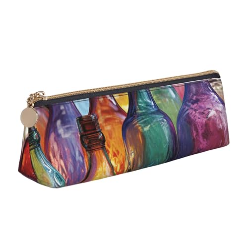 LHDGBNV Leder-Federmäppchen, stilvolles Federmäppchen, schlankes Federmäppchen mit Reißverschluss, bunte Glasflasche, Kosmetiktasche, Make-up-Tasche für Arbeit, Büro von LHDGBNV