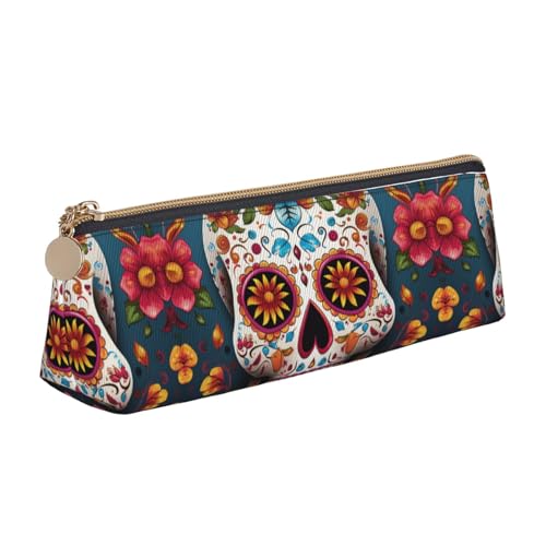 LHDGBNV Leder-Federmäppchen, stilvolles Federmäppchen, schlankes Federmäppchen mit Reißverschluss, buntes Totenkopf-Design, Kosmetiktasche für Arbeit, Büro von LHDGBNV