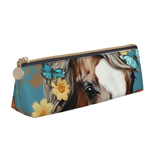 LHDGBNV Leder-Federmäppchen, stilvolles Federmäppchen, schlankes Federmäppchen mit Reißverschluss, ein Pferd mit Blumen, Kosmetiktasche für Arbeit, Büro von LHDGBNV