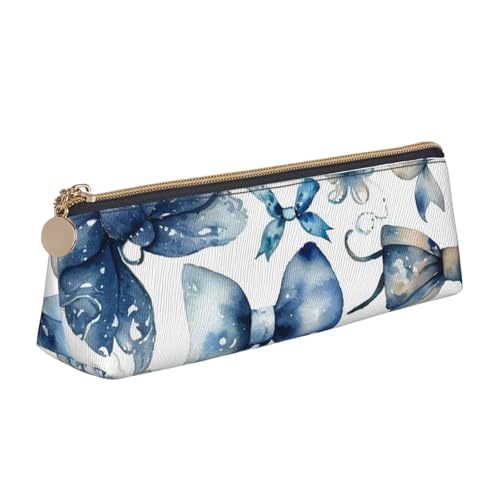 LHDGBNV Leder-Federmäppchen, stilvolles Federmäppchen, schlankes Federmäppchen mit Reißverschluss, ein Set mit blauen Schleifen, Kosmetiktasche, Make-up-Tasche für Arbeit, Büro von LHDGBNV