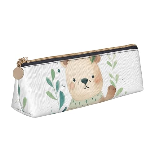LHDGBNV Leder-Federmäppchen, stilvolles Federmäppchen, schlankes Federmäppchen mit Reißverschluss, grüne Blätter und Bär, Kosmetiktasche für Arbeit, Büro von LHDGBNV