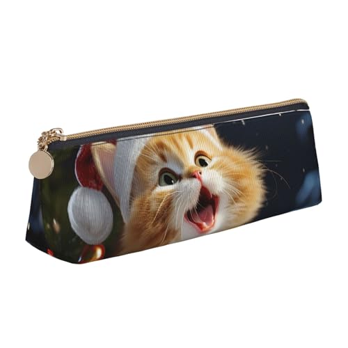 LHDGBNV Leder-Federmäppchen, stilvolles Federmäppchen, schlankes Federmäppchen mit Reißverschluss, niedliche Katze, singt, Weihnachtslieder, Kosmetiktasche, Make-up-Tasche für Arbeit, Büro von LHDGBNV