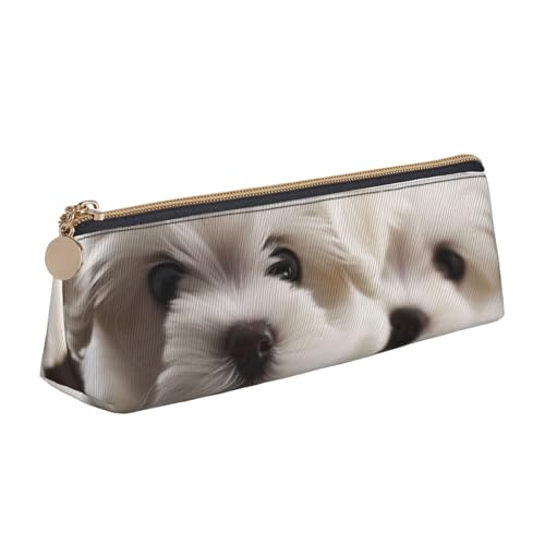 LHDGBNV Leder-Federmäppchen, stilvolles Federmäppchen, schlankes Federmäppchen mit Reißverschluss, niedlicher Malteser-Welpe, Kosmetiktasche, Make-up-Tasche für Arbeit, Büro von LHDGBNV