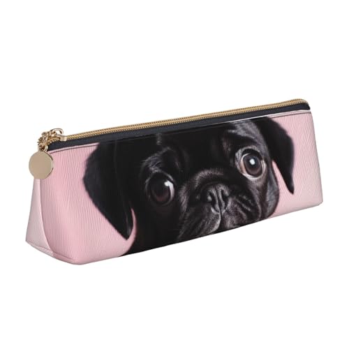 LHDGBNV Leder-Federmäppchen, stilvolles Federmäppchen, schlankes Federmäppchen mit Reißverschluss, niedlicher schwarzer Mops, Kosmetiktasche, Make-up-Tasche für Arbeit, Büro von LHDGBNV