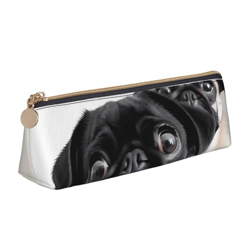 LHDGBNV Leder-Federmäppchen, stilvolles Federmäppchen, schlankes Federmäppchen mit Reißverschluss, niedlicher schwarzer Mops, Kosmetiktasche für Arbeit, Büro von LHDGBNV