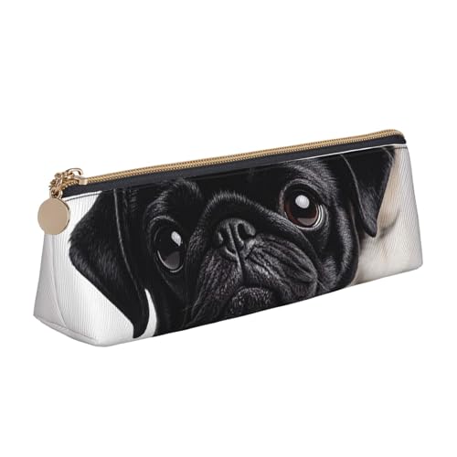 LHDGBNV Leder-Federmäppchen, stilvolles Federmäppchen, schlankes Federmäppchen mit Reißverschluss, niedlicher schwarzer Mops, Kosmetiktasche für Arbeit, Büro von LHDGBNV