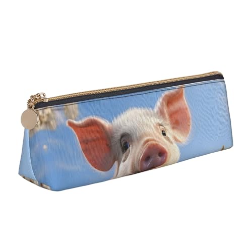 LHDGBNV Leder-Federmäppchen, stilvolles Federmäppchen, schlankes Federmäppchen mit Reißverschluss, niedliches Schwein, Kosmetiktasche für Arbeit, Büro von LHDGBNV