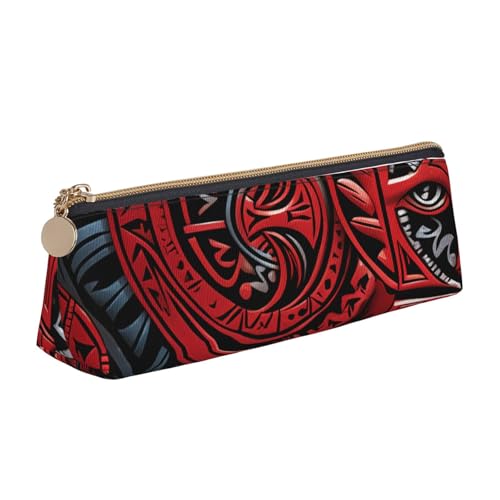 LHDGBNV Leder-Federmäppchen, stilvolles Federmäppchen, schlankes Federmäppchen mit Reißverschluss, rotes Tribal-Muster, Kosmetiktasche für Arbeit, Büro von LHDGBNV