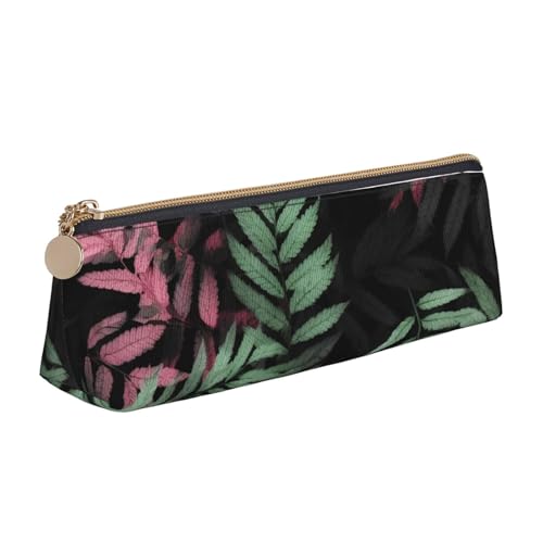 LHDGBNV Leder-Federmäppchen, stilvolles Federmäppchen, schlankes Federmäppchen mit Reißverschluss, schwarz, rosa, grüne Blätter, Kosmetiktasche, Make-up-Tasche für Arbeit, Büro von LHDGBNV