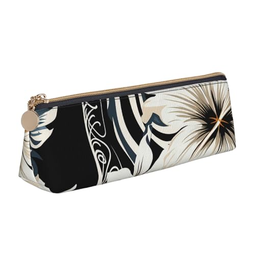 LHDGBNV Leder-Federmäppchen, stilvolles Federmäppchen, schlankes Federmäppchen mit Reißverschluss, schwarz und weiß, hawaiianische Blumen, Kosmetiktasche, Make-up-Tasche für Arbeit, Büro von LHDGBNV