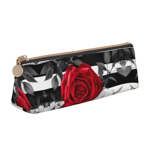 LHDGBNV Leder-Federmäppchen, stilvolles Federmäppchen, schlankes Federmäppchen mit Reißverschluss, schwarz-weiße Streifen, rote Rose, Kosmetiktasche, Make-up-Tasche für Arbeit, Büro von LHDGBNV