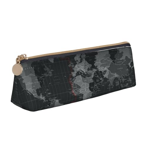 LHDGBNV Leder-Federmäppchen, stilvolles Federmäppchen, schlankes Federmäppchen mit Reißverschluss, schwarze Weltkarte, Kosmetiktasche, Make-up-Tasche für Arbeit, Büro von LHDGBNV