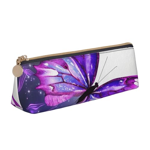 LHDGBNV Leder-Federmäppchen, stilvolles Federmäppchen, schlankes Federmäppchen mit Reißverschluss, violetter Schmetterling, Kosmetiktasche für Arbeit, Büro von LHDGBNV