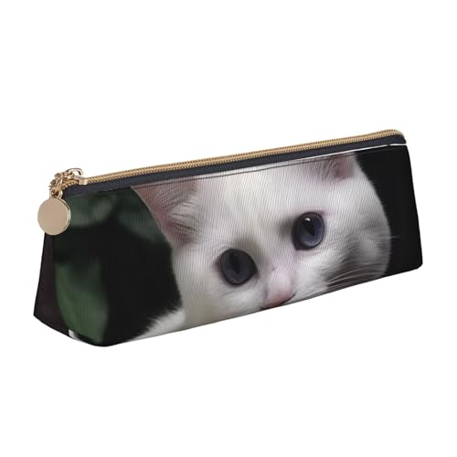 LHDGBNV Leder-Federmäppchen, stilvolles Federmäppchen, schlankes Federmäppchen mit Reißverschluss, weiße Katze, Kosmetiktasche für Arbeit, Büro von LHDGBNV