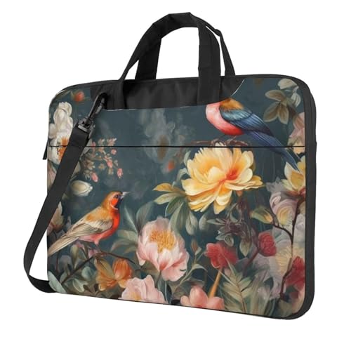 Laptoptasche mit Blumenmotiv und Vögeln, tragbar, Messenger-Umhängetasche, wasserdicht, Aktentasche, Kuriertasche mit Tragegriff, Schwarz, 13 inch von LHDGBNV
