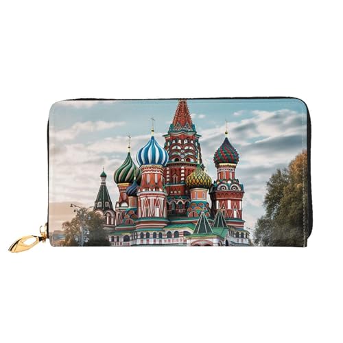 St Basil Cathedral Red Square In Moskau Leder Geldbörsen für Frauen Wasserdicht Reißverschluss Around Clutch Geldbörsen Groß Kreditkartenetui mit Handyhalter Damen Reise Münzgeldbörse Schwarz von LHDGBNV