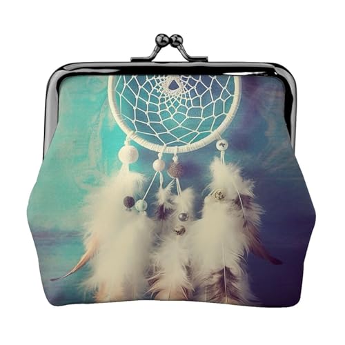 Weiße Traumfänger-Feder-Münzgeldbörse für Frauen, Kiss-Lock-Geldbörse, Leder, niedliche Münzgeldbörse, Mini-Münztasche, Kleingeldbörse, Schlüsselhalter von LHDGBNV