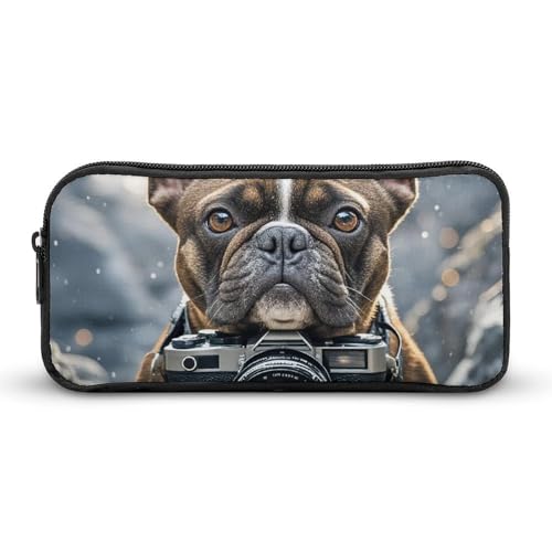 LHDGSJE Federmäppchen, Motiv: Französische Bulldogge, Welpe mit Kamera, leichtes Federmäppchen, großes Fassungsvermögen, Bürobedarf-Organizer, weiß, 22*12*5cm, Federmäppchen von LHDGSJE