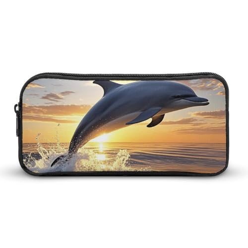 LHDGSJE Federmäppchen mit Delfinen, die bei Sonnenuntergang aus dem Wasser springen, leichtes Federmäppchen, großes Fassungsvermögen, Bürobedarf-Organizer, weiß, 22*12*5cm, Federmäppchen von LHDGSJE