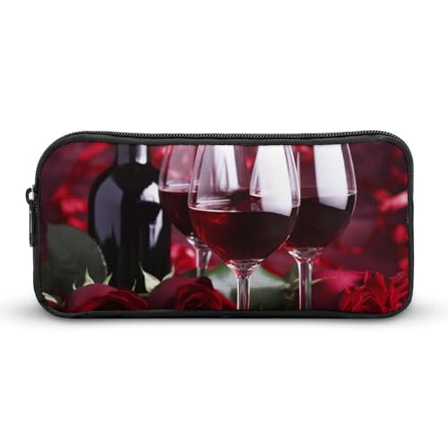 LHDGSJE Federmäppchen mit Rosen und Gläsern von Rotwein, leichtes Federmäppchen, großes Fassungsvermögen, Bürobedarf-Organizer, weiß, 22*12*5cm, Federmäppchen von LHDGSJE