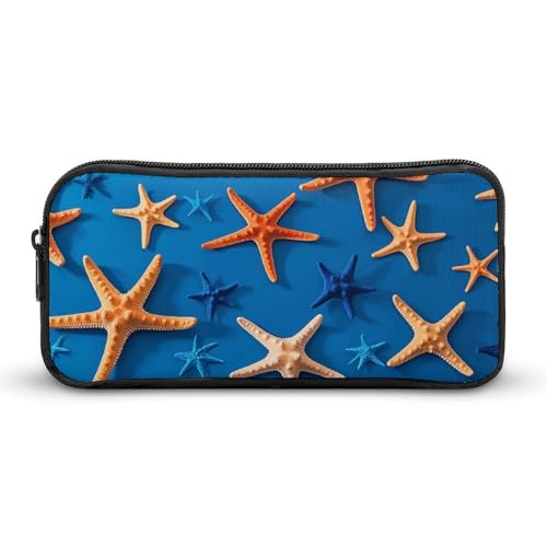 LHDGSJE Federmäppchen mit blauem Hintergrund und vielen Seesternen, leichtes Federmäppchen, großes Fassungsvermögen, Bürobedarf-Organizer, weiß, 22*12*5cm, Federmäppchen von LHDGSJE