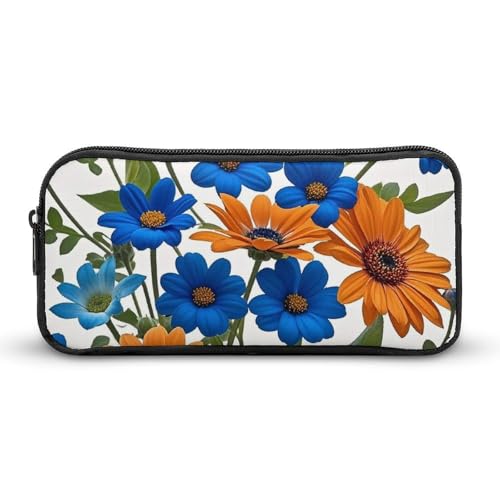 LHDGSJE Federmäppchen mit blauen und orangen Blumen auf weißem Hintergrund, leichtes Federmäppchen, großes Fassungsvermögen, Bürobedarf-Organizer, weiß, 22*12*5cm, Federmäppchen von LHDGSJE