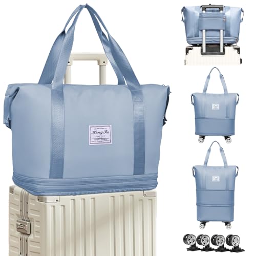 Reisetasche mit Rollen, 3-lagig, erweiterbare Reisetasche, faltbare Handgepäcktasche mit abnehmbaren Rollen, Reisegepäcktasche, Tragetasche für Damen und Herren (blau), Blau, Reisetaschen von LHDYMXYN