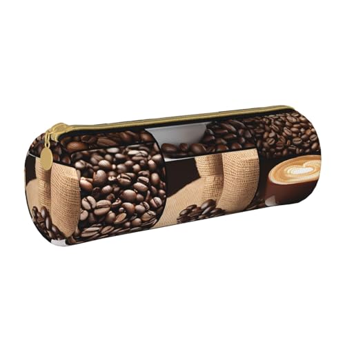 LHFIOHIRG Federmäppchen mit Reißverschluss, PVC, Leder, zylindrisch, für Schreibwaren, Make-up, Organizer für Schule, Büro, Reisen, Kaffee-Collage, Einheitsgröße, Münztasche von LHFIOHIRG